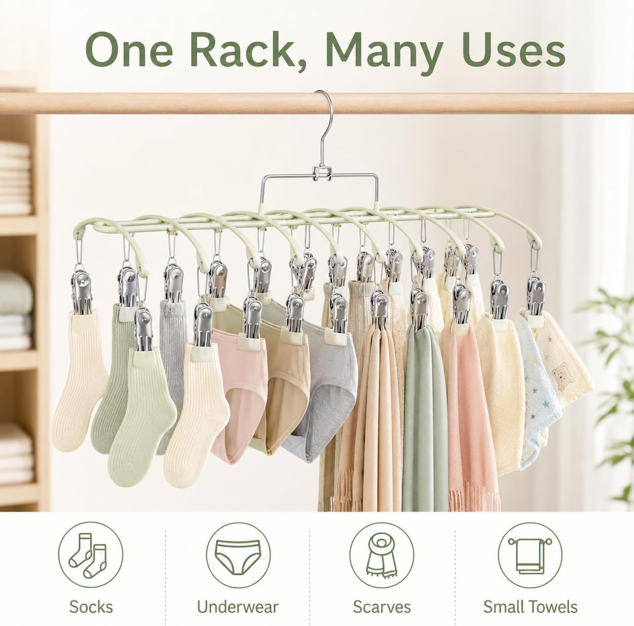 Sock Drying Rack with 20 Clips, Stainless Steel Laundry Hanger for Underwear, Space-Saving Clothes Airer with Foldable Hook, Non-Slip Clip Organizer Drying Station for Small Items