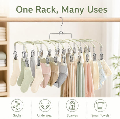 Sock Drying Rack with 20 Clips, Stainless Steel Laundry Hanger for Underwear, Space-Saving Clothes Airer with Foldable Hook, Non-Slip Clip Organizer Drying Station for Small Items
