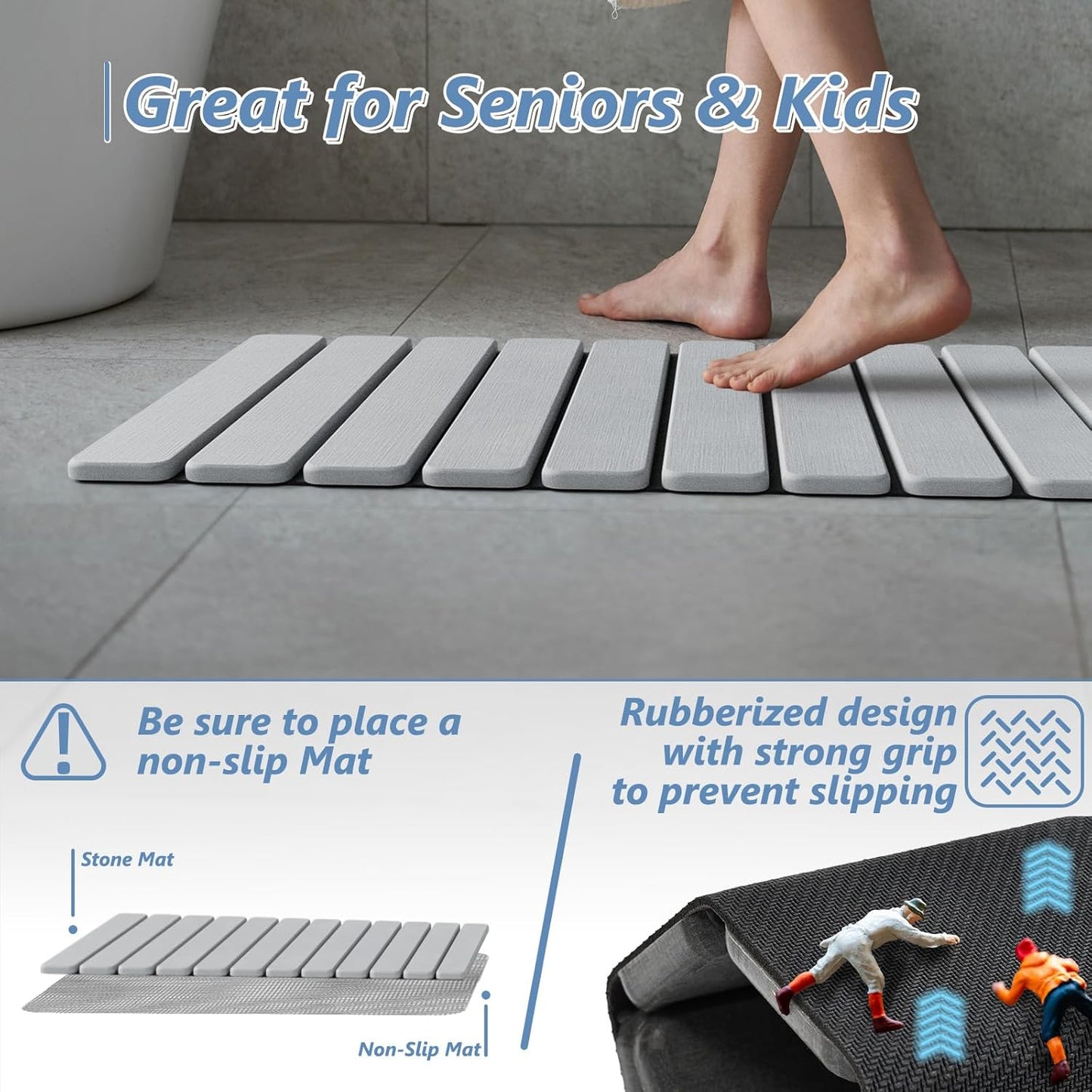 AWW Foldable Stone Bath Mat, Quick Dry Diatomaceous Earth Bath Mat with Non-Slip Mat, Super Absorbent, Easy to Clean, Compact for Small Bathrooms, 23.6 x 15.5, Grey