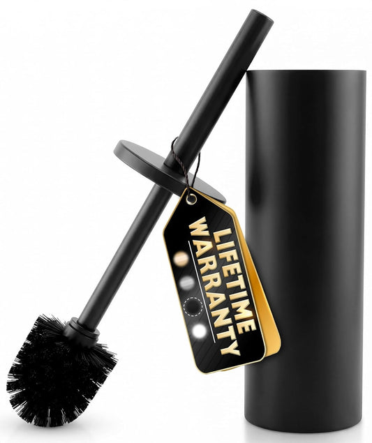 Black Toilet Brush and Holder Set - Slim Matte Design that Fits Anywhere - Stainless Steel Toilet Bowl Brush and Holder with 2 Rounded Corners, Replaceable Head, Removable Inner Bowl & Splash Guard