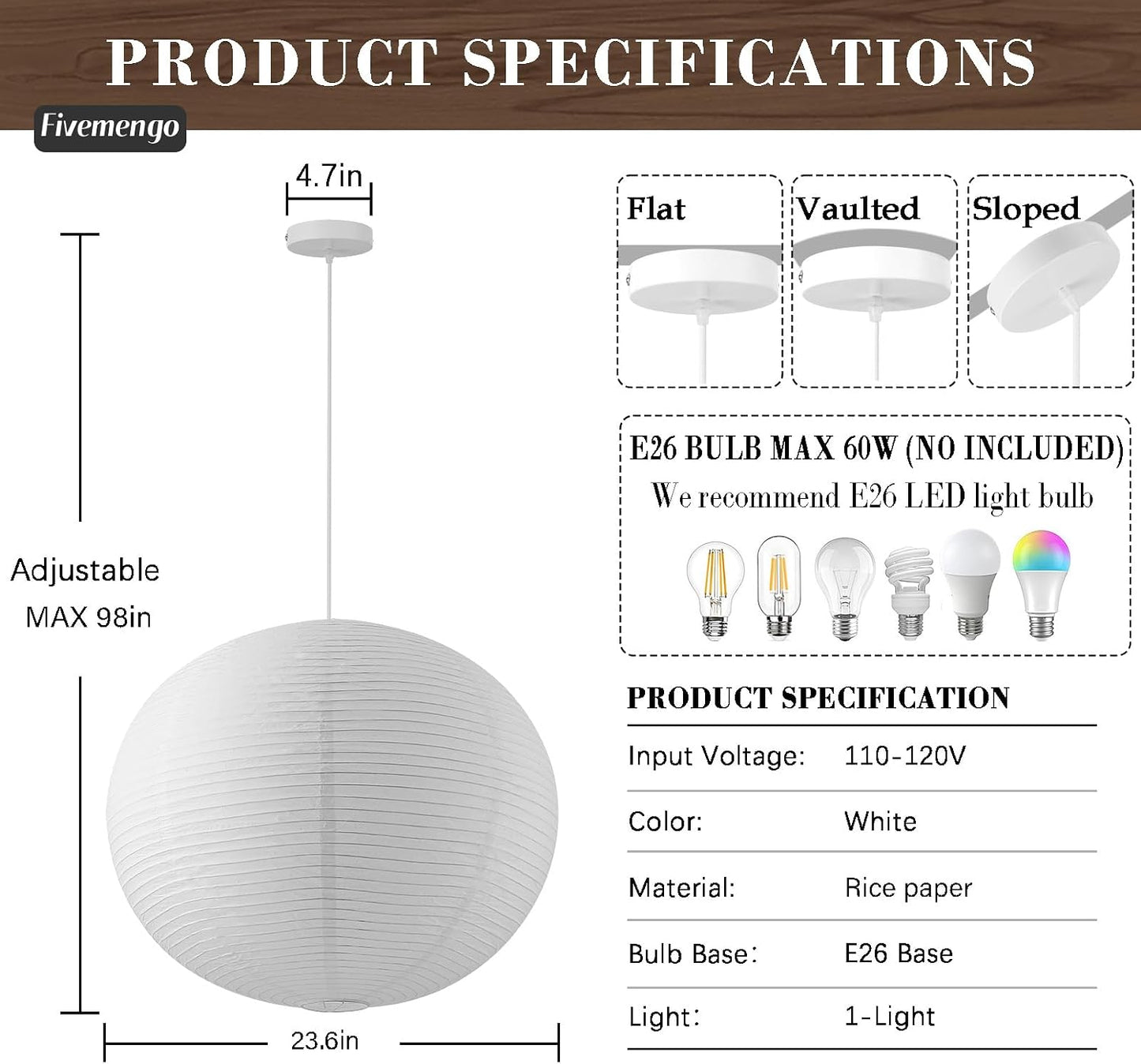 Large Rice Paper Pendant Light Kit, 20in White Globe Paper Lantern Lights, E26 Base, Japanese Hanging Lantern Lamp Japandi Chandelier for Dining Room Bedroom Office Living Room