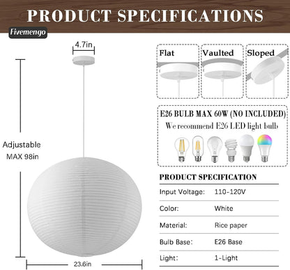 Large Rice Paper Pendant Light Kit, 20in White Globe Paper Lantern Lights, E26 Base, Japanese Hanging Lantern Lamp Japandi Chandelier for Dining Room Bedroom Office Living Room