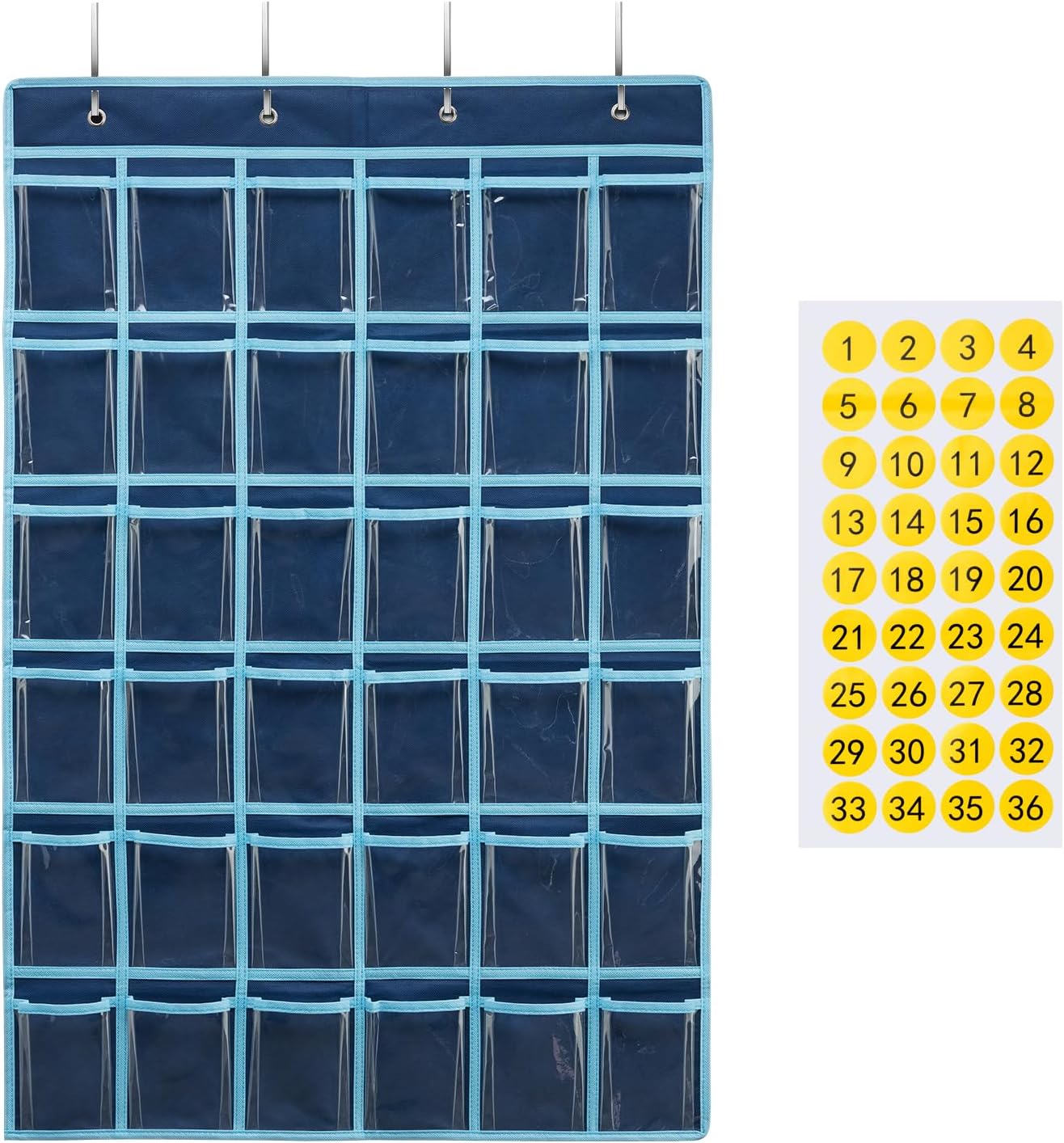 SAVERHO 36 Clear Pockets Classroom Pocket Chart for Cell Phone and Calculator Holder, Door Hanging Pocket Chart for Classroom Phone Holder with Number Sticker and Hooks (Blue)