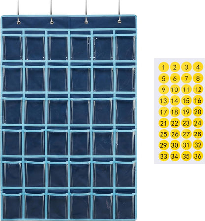 SAVERHO 36 Clear Pockets Classroom Pocket Chart for Cell Phone and Calculator Holder, Door Hanging Pocket Chart for Classroom Phone Holder with Number Sticker and Hooks (Blue)