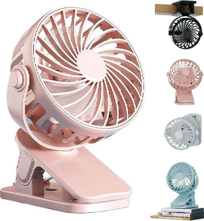 Portable Mini Clip On Fan – 4-in-1 USB Desk Fan with Night Light, Wall-Mounted Stand, Strong Clamp, 3 Speeds, Quiet Circulating Rechargeable Personal Fans for Dorm Bedroom Office Stroller (Pink)