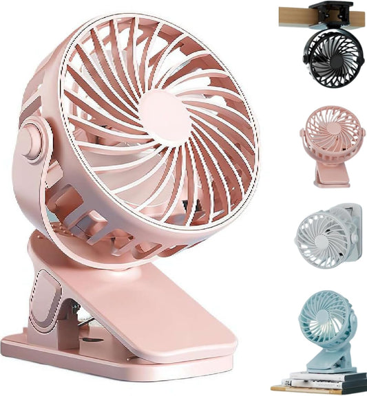 Portable Mini Clip On Fan – 4-in-1 USB Desk Fan with Night Light, Wall-Mounted Stand, Strong Clamp, 3 Speeds, Quiet Circulating Rechargeable Personal Fans for Dorm Bedroom Office Stroller (Pink)