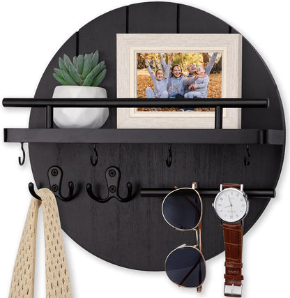 Nekon Key Holder Wall Mount, 11.8 Inch Rack With Shelf and 6 Hooks, Rustic Mail Organizer, Circular Wooden Hanger for Entryway Hallway Kitchen (Brown&Gold)