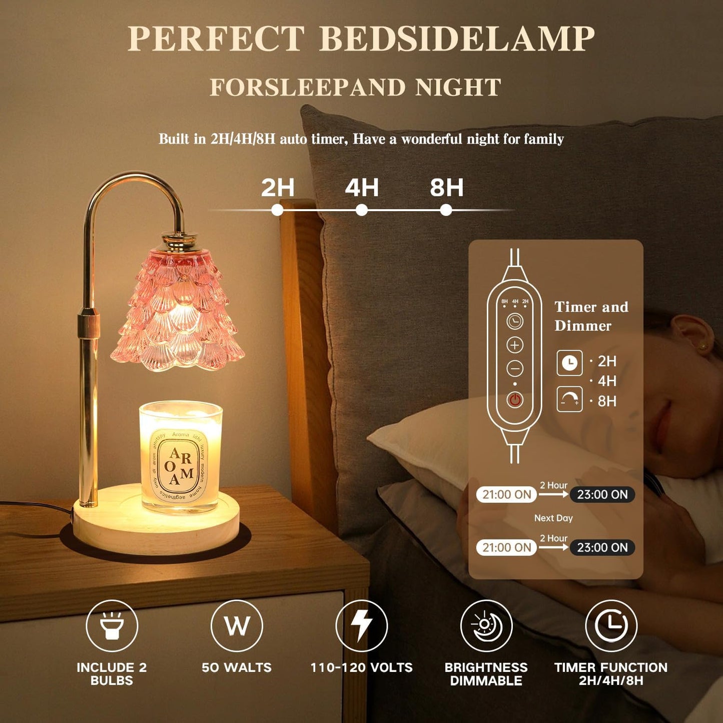 Fragrance Candle Warmer Lamp with 2 Bulbs Electric Candle Warmer with Timer & Dimmer for Home Decor