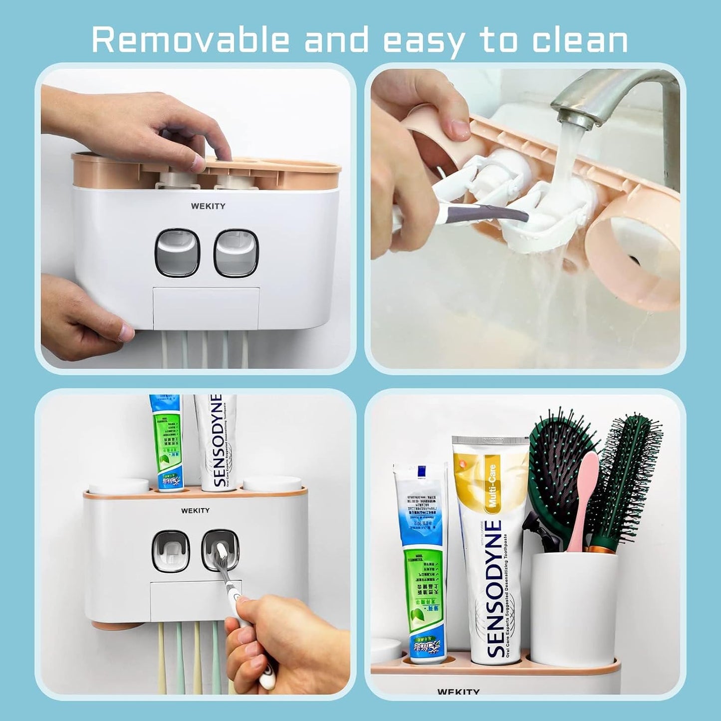 Toothbrush Holder Wall Mounted, WEKITY Multi-Functional Toothbrush and Toothpaste Dispenser for Bathroom, with 5 Toothbrush Slots, 2 Toothpaste Squeezers and 4 Cups(Grey)