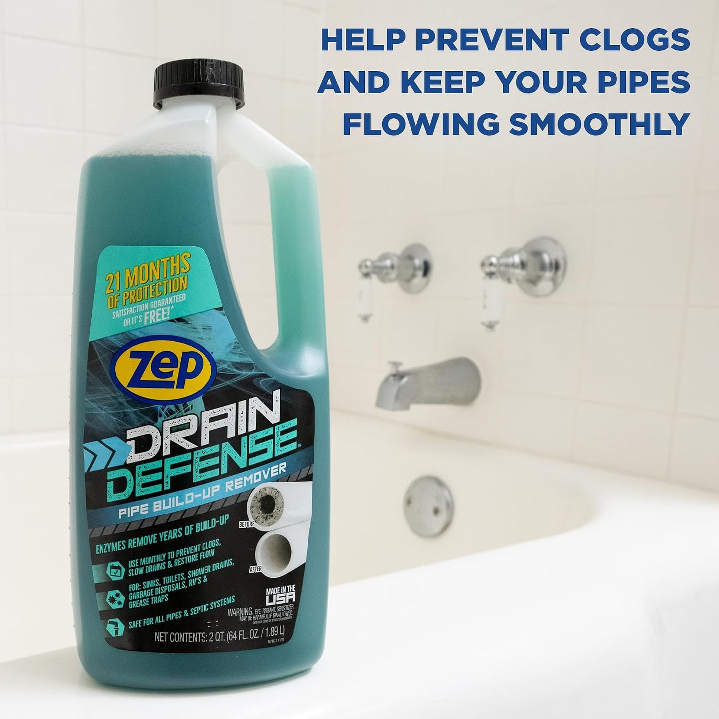 Zep Drain Defense Pipe Build-Up Remover - 64 Ounces - ZLDC648 - Professional Strength Liquid Pipe Build Up Remover,GREEN | Professional Strength, Liquid Formula
