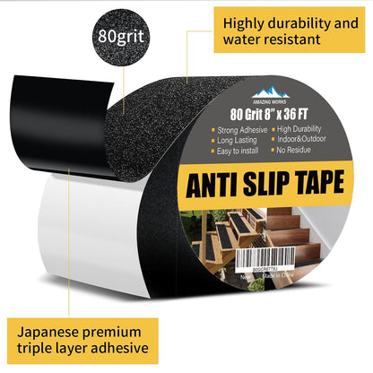 Grip Tape - Heavy Duty Anti Slip Tape 80 Grit Non Slip for Stairs Outdoor/Indoor, Waterproof High Traction Stairs Non Skid Treads, Durable Triple Layer Adhesive - Black (1 Inch x 20 Feet)