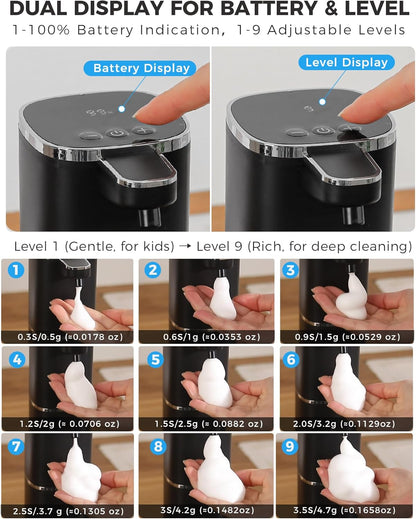 2 Pack Automatic Foaming Soap Dispenser, 13.5oz/400mL, USB Rechargeable,9- Adjustable Foam Levels, IPX5 Waterproof, Touchless & Wall/Tabletop Use for Kitchen Bathroom, Black