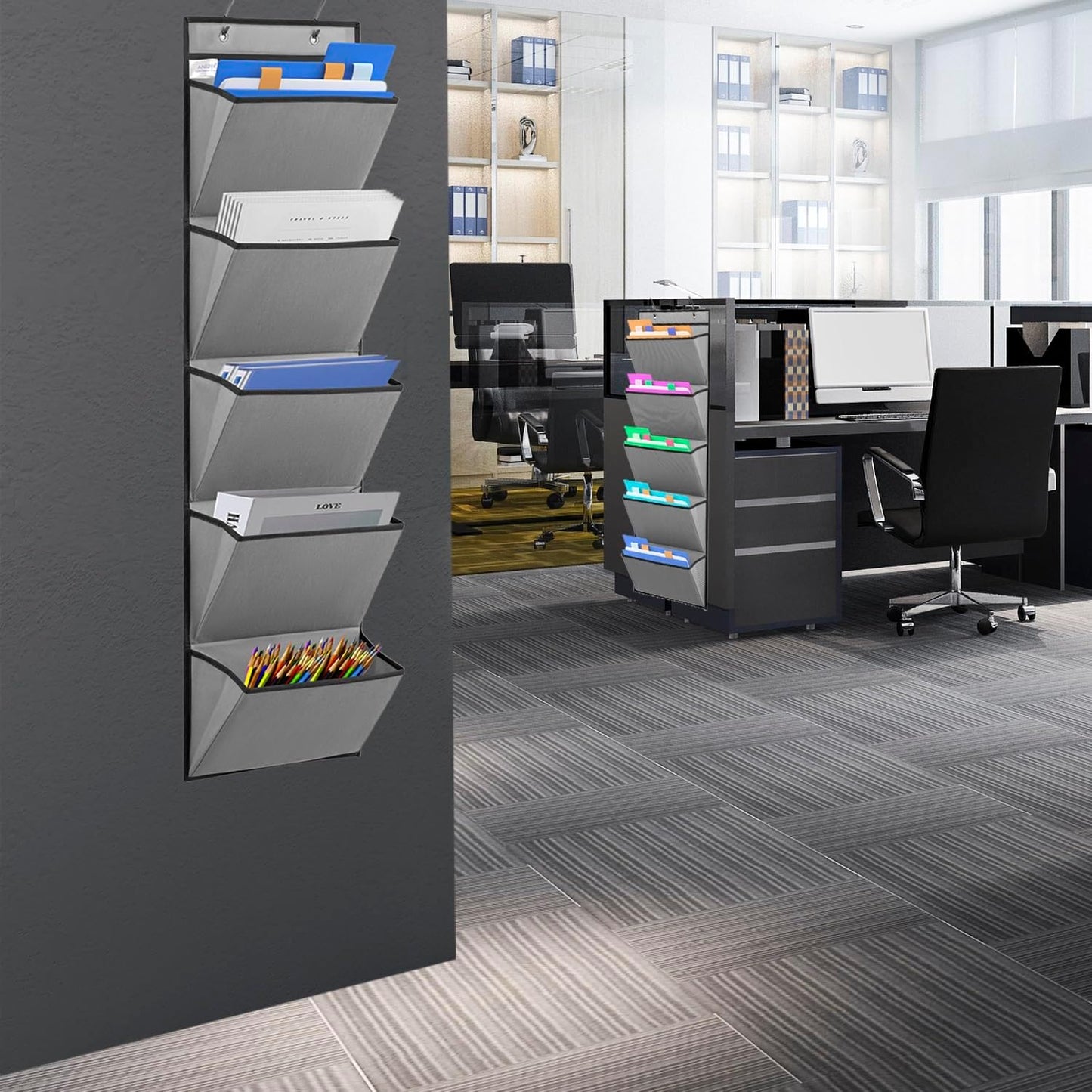 Wall Mounted File Holder Over Door Hanging Mail Organizer Document Storage Bag for Papers Magazines and Books (7 POCKETS-GREY)