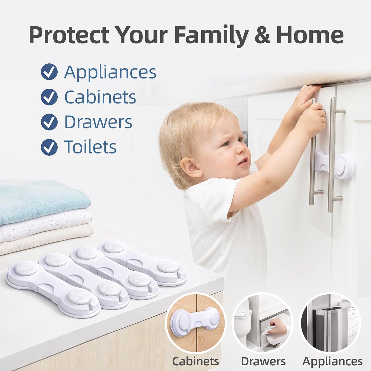 Baby Proof Cabinet Locks – 5 Pack Child Safety Latches for Cabinets, Drawers, Fridge, Pantry & Closet | No Drill Adhesive Cabinet Door Locks | Easy for Adults, Hard for Kids (White)