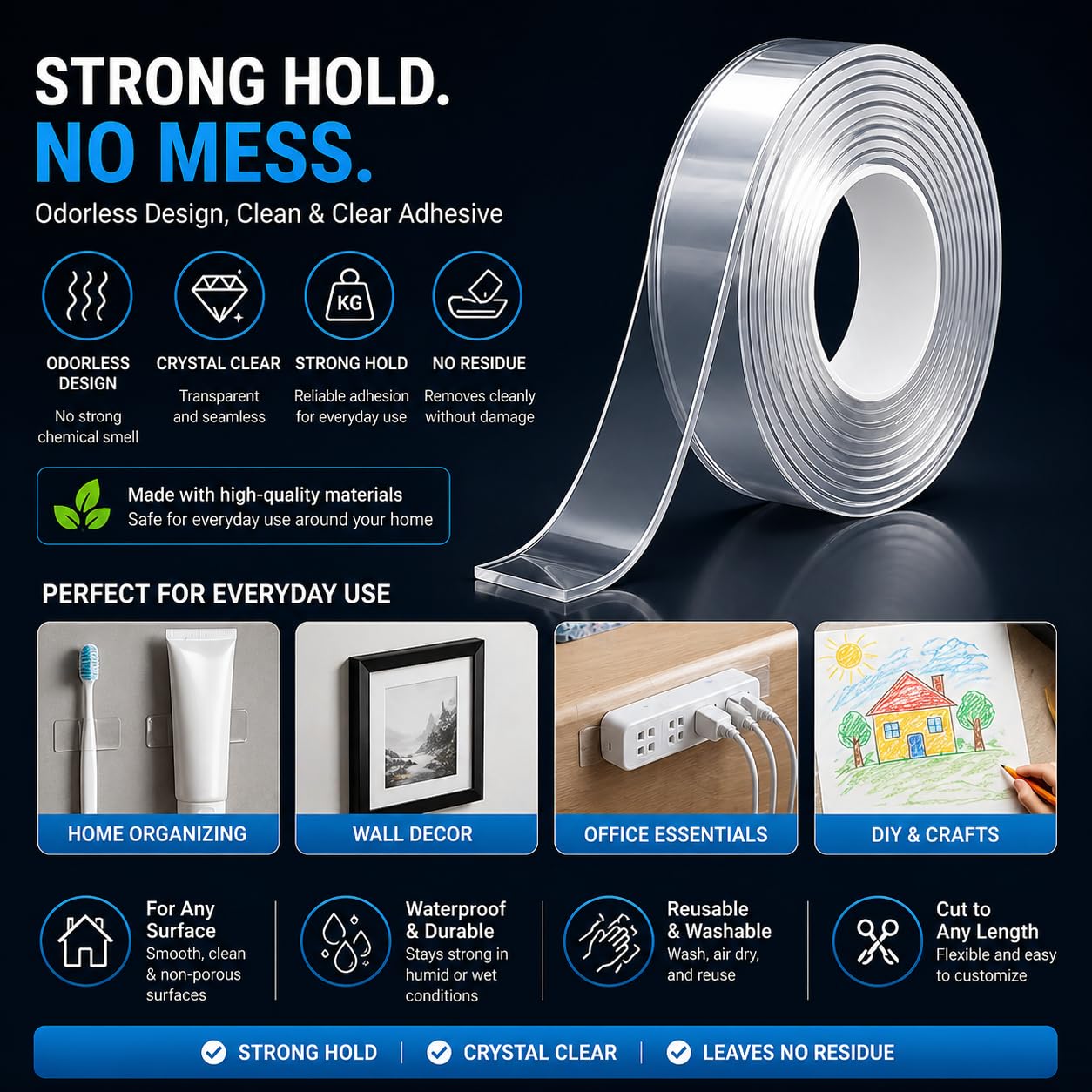 Nano Double Sided Tape, Removable Reusable Mounting Tape | Heavy Duty Hold | Removable No Residue | Washable & Reusable | Waterproof Clear Tape