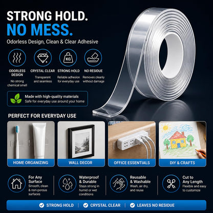 Nano Double Sided Tape, Removable Reusable Mounting Tape | Heavy Duty Hold | Removable No Residue | Washable & Reusable | Waterproof Clear Tape