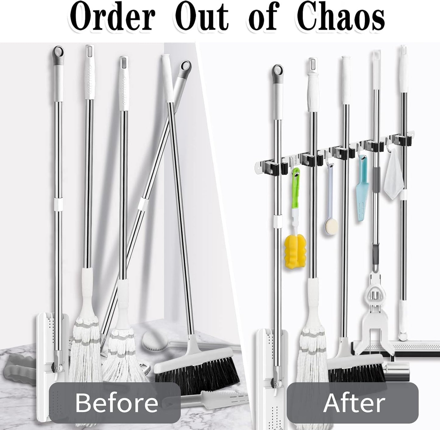 AceMining Broom Holder Wall Mount, 3 Racks 4 Hooks Heavy Duty Mop Organizer | Mop Holder Wall Mount and Broom Hanger for Garage, Laundry Room, Kitchen and Utility Storage