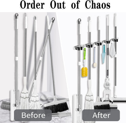 AceMining Broom Holder Wall Mount, 3 Racks 4 Hooks Heavy Duty Mop Organizer | Mop Holder Wall Mount and Broom Hanger for Garage, Laundry Room, Kitchen and Utility Storage