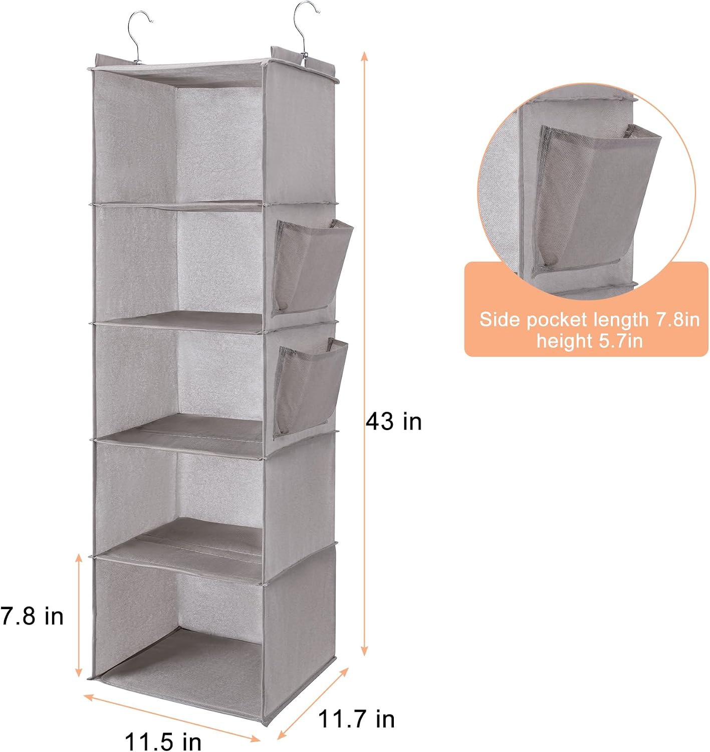 BOOMIBOO Hanging Closet Organize and Shelves，5-Hanging Shelf with 2 Side Pockets，Storage Foldable （Grey）