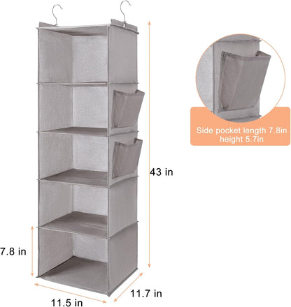BOOMIBOO Hanging Closet Organize and Shelves，5-Hanging Shelf with 2 Side Pockets，Storage Foldable （Grey）