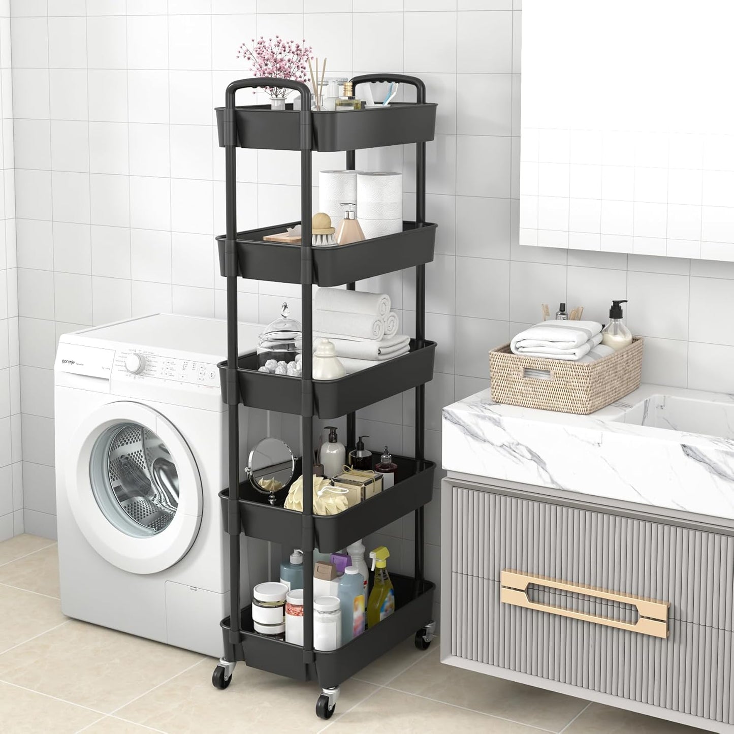 Sywhitta 4-Tier Plastic Rolling Utility Cart with Handle, Multi-Functional Storage Trolley for Office, Living Room, Kitchen, Movable Storage Organizer with Wheels, Black