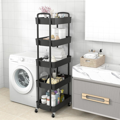 Sywhitta 4-Tier Plastic Rolling Utility Cart with Handle, Multi-Functional Storage Trolley for Office, Living Room, Kitchen, Movable Storage Organizer with Wheels, Black
