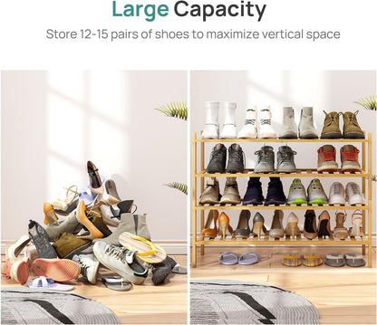 viewcare 3-Tier Black Bamboo Shoe Rack for Entryway, Stackable | Foldable | Natural, Shoe Shelf Storage Organizer for Hallway Closet, Free Standing Shoe Racks for Indoor Outdoor