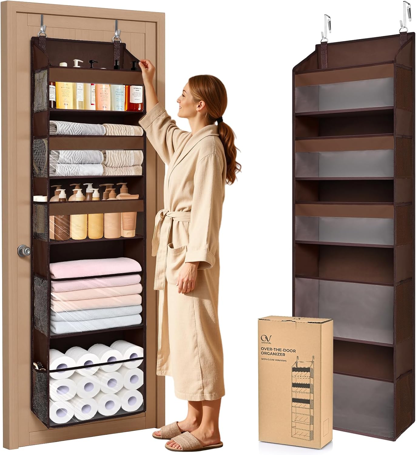 5 Tiers Over the Door Organizer with 10 Mesh Side Pockets, 44 lbs Weight Capacity Closet Hanging Storage Organizer with Large Clear Window Kids Toys, Shoes, Diapers, Beige