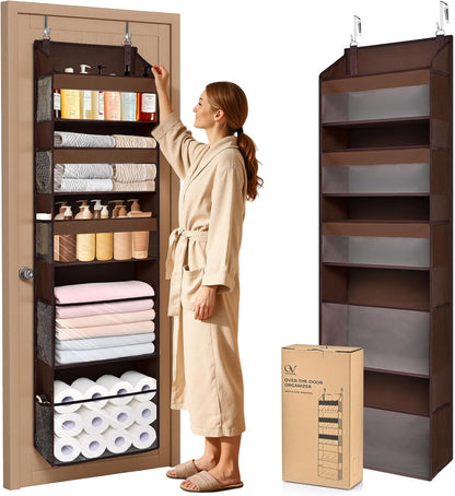 5 Tiers Over the Door Organizer with 10 Mesh Side Pockets, 44 lbs Weight Capacity Closet Hanging Storage Organizer with Large Clear Window Kids Toys, Shoes, Diapers, Beige