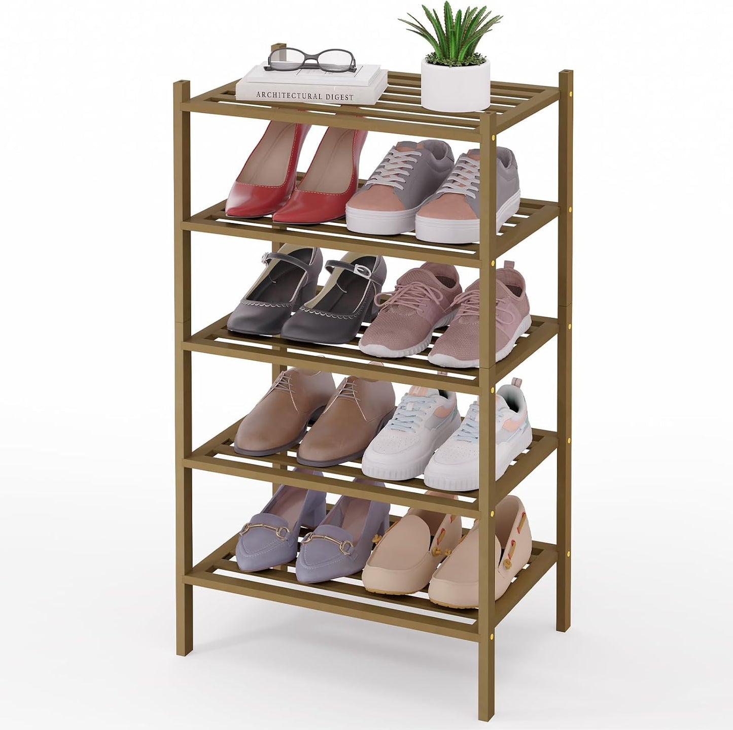 Smiry Bamboo Shoe Rack, 3 Tier Free Standing Wooden Shoe Organizer, Stackable Wood Shoe Storage Shelf for Closet, Entryway, 5 Horizontal Slats, 26.8"x11"x18.3", Natural