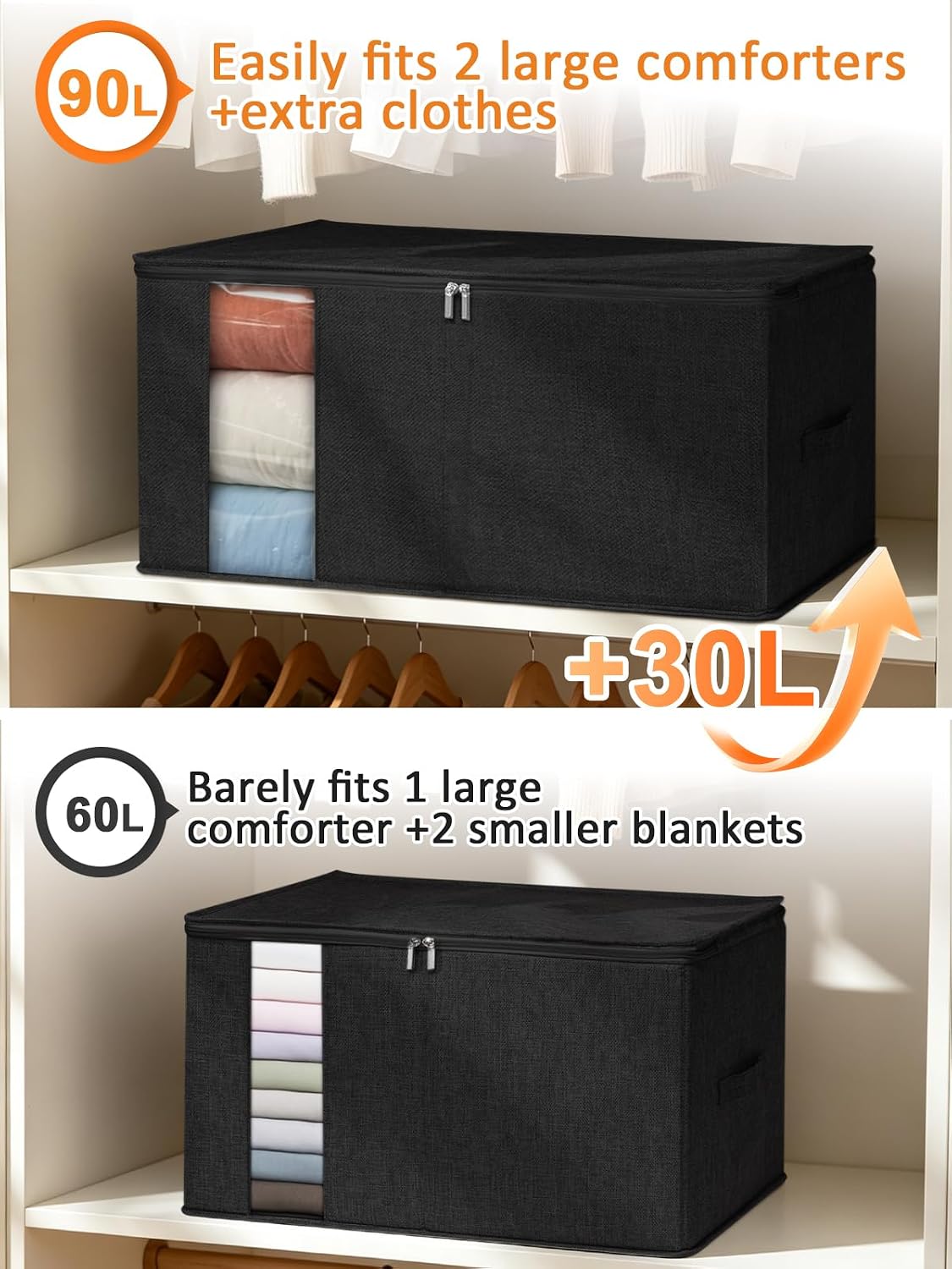 punemi Comforter Storage Bag, Large Blanket Storage Bags with Sturdy Structure, Zipper & 2 Handles for King/Queen Comforters, Quilts, Duvets, Pillows, Bedding and Clothes, 21.7x14.2x11.8in, 2 Pack