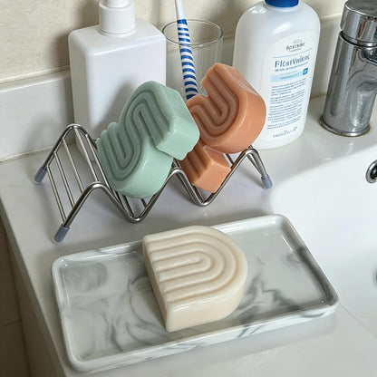 Soap Dish, Stainless Steel Self Draining Shower Bar Soap Holder with Ceramic Dish Tray, W Style Soap Saver for Bathroom, Sink, Kitchen and Countertop(Gray Texture)