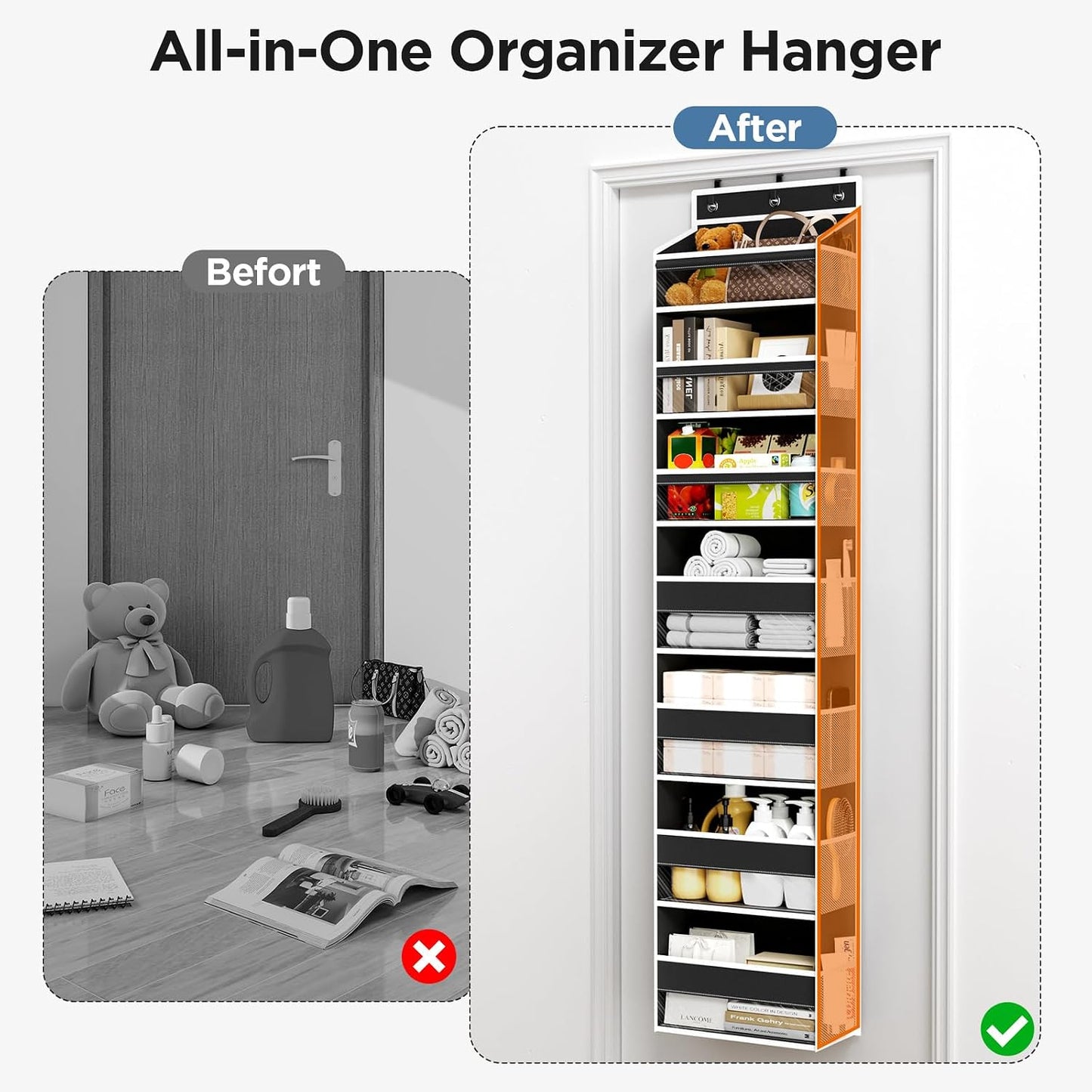 6 Tiers Over The Door Organizer, Heavy Duty Hanging Organizer Storage with Large Capacity Pockets, Behind Door Storage Hanging Shelves for Closet Wall Bathroom Bedroom Nursery Pantry, 1 Pack Grey