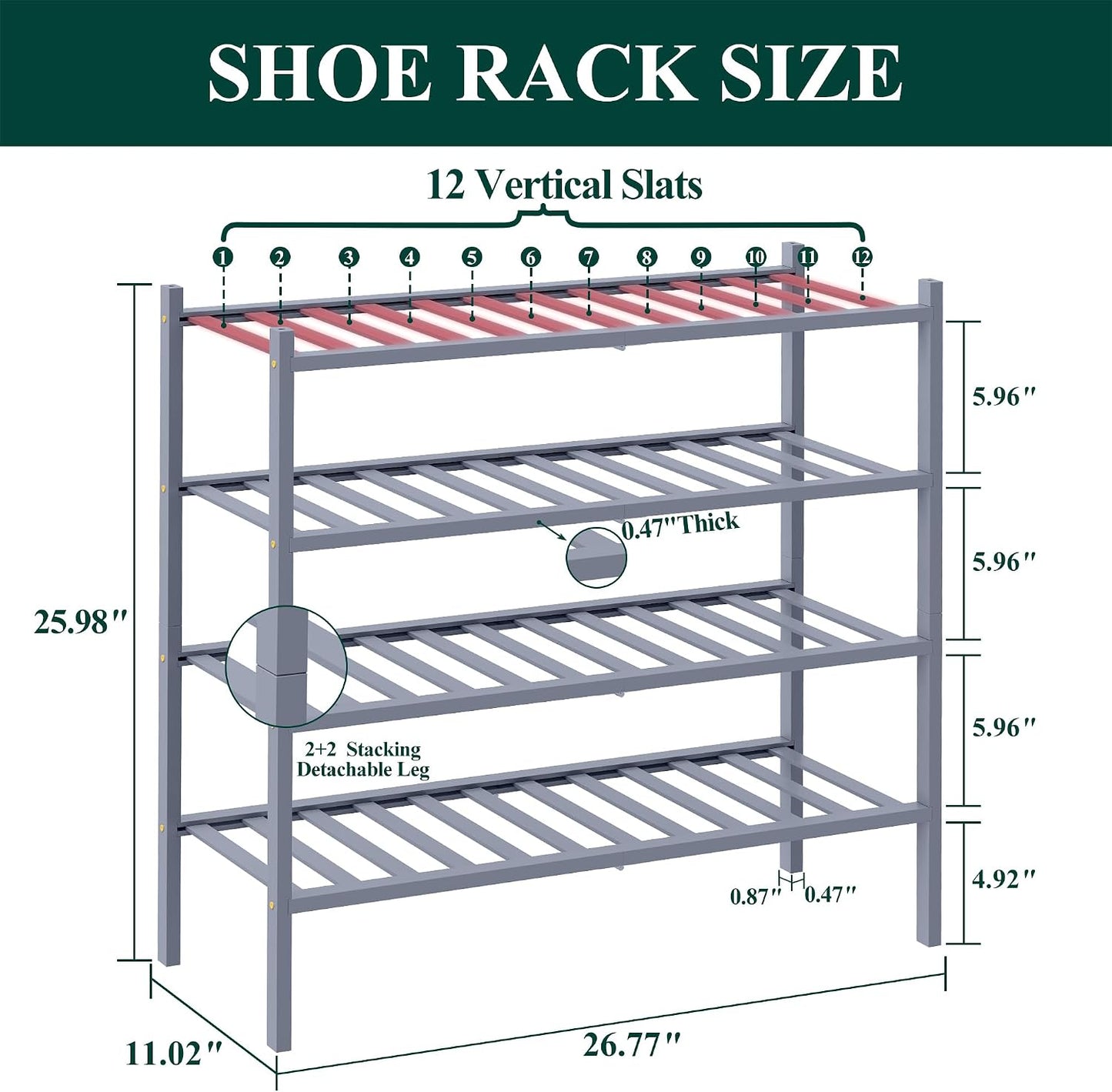 Smiry Bamboo Shoe Rack, 3 Tier Free Standing Wooden Shoe Organizer, Stackable Wood Shoe Storage Shelf for Closet, Entryway, 12 Vertical Slats, 2+1 Stack Standard Legs, 26.8"x11"x19.5", Natural