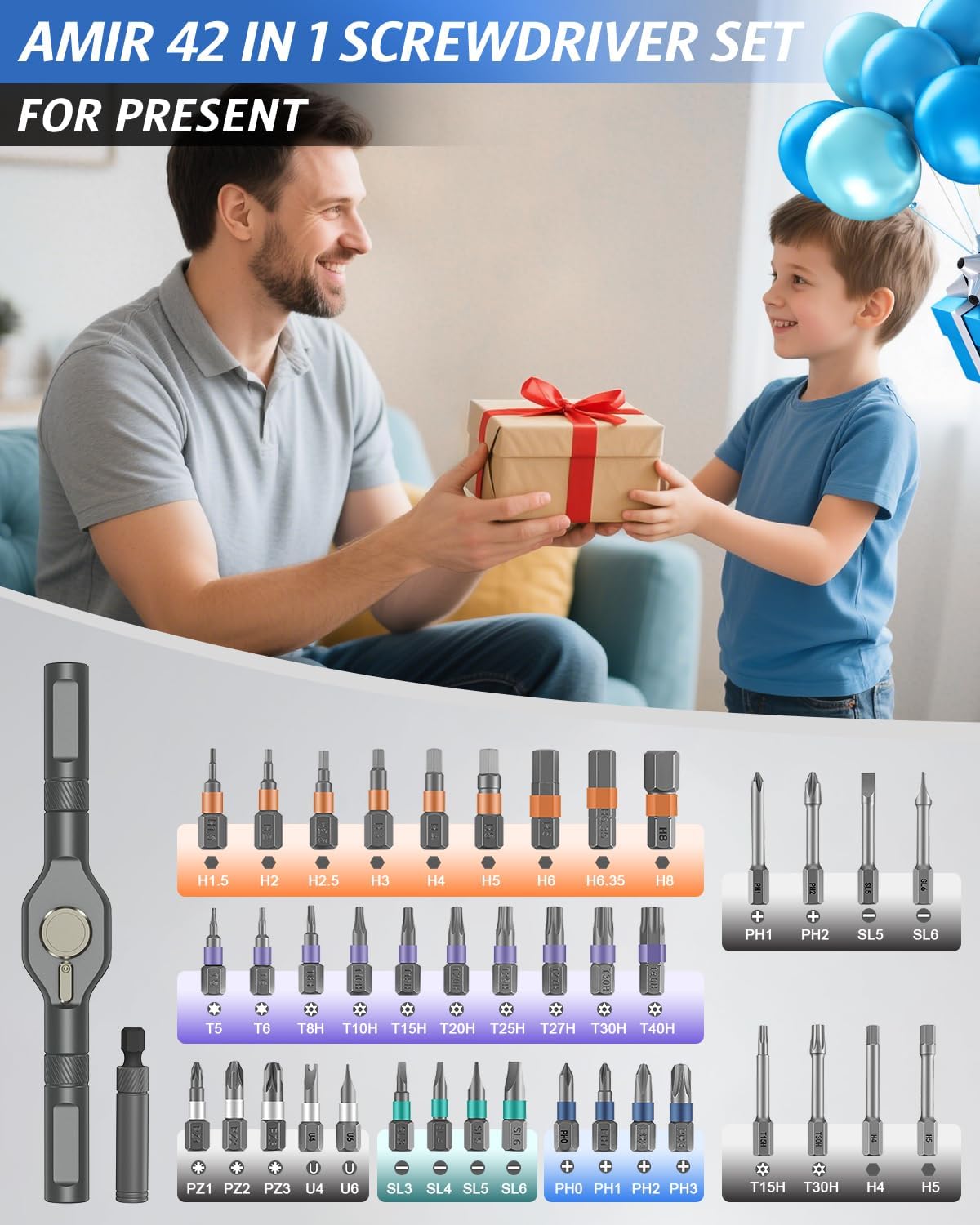 AMIR 42 in 1 Ratchet Screwdriver Set, Magnetic Screwdriver Set with 40 PCS Multi Bit, DIY Repair Tool Kit with Ratchet T Handle, Screw Driver Set Kit for Tools,Bicycle,Electronic Repair