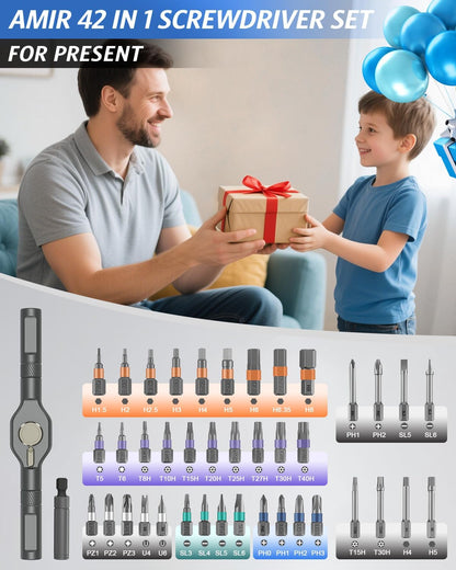 AMIR 42 in 1 Ratchet Screwdriver Set, Magnetic Screwdriver Set with 40 PCS Multi Bit, DIY Repair Tool Kit with Ratchet T Handle, Screw Driver Set Kit for Tools,Bicycle,Electronic Repair