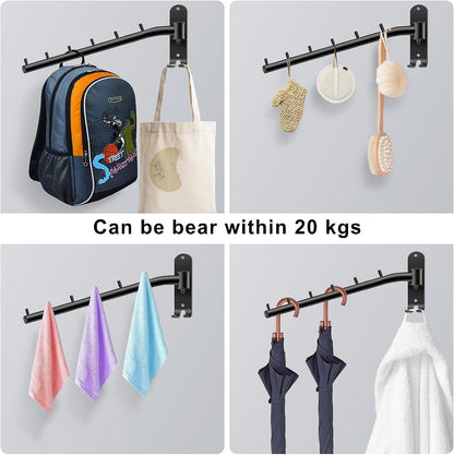 Bosszi 2-Pack Wall Mounted Folding Clothes Hanger Rack, Stainless Steel Clothes Hooks with Swing Arm Holder Space Saving Clothing Hanging System Closet Storage Organizer Heavy Duty Drying Rack (Black)