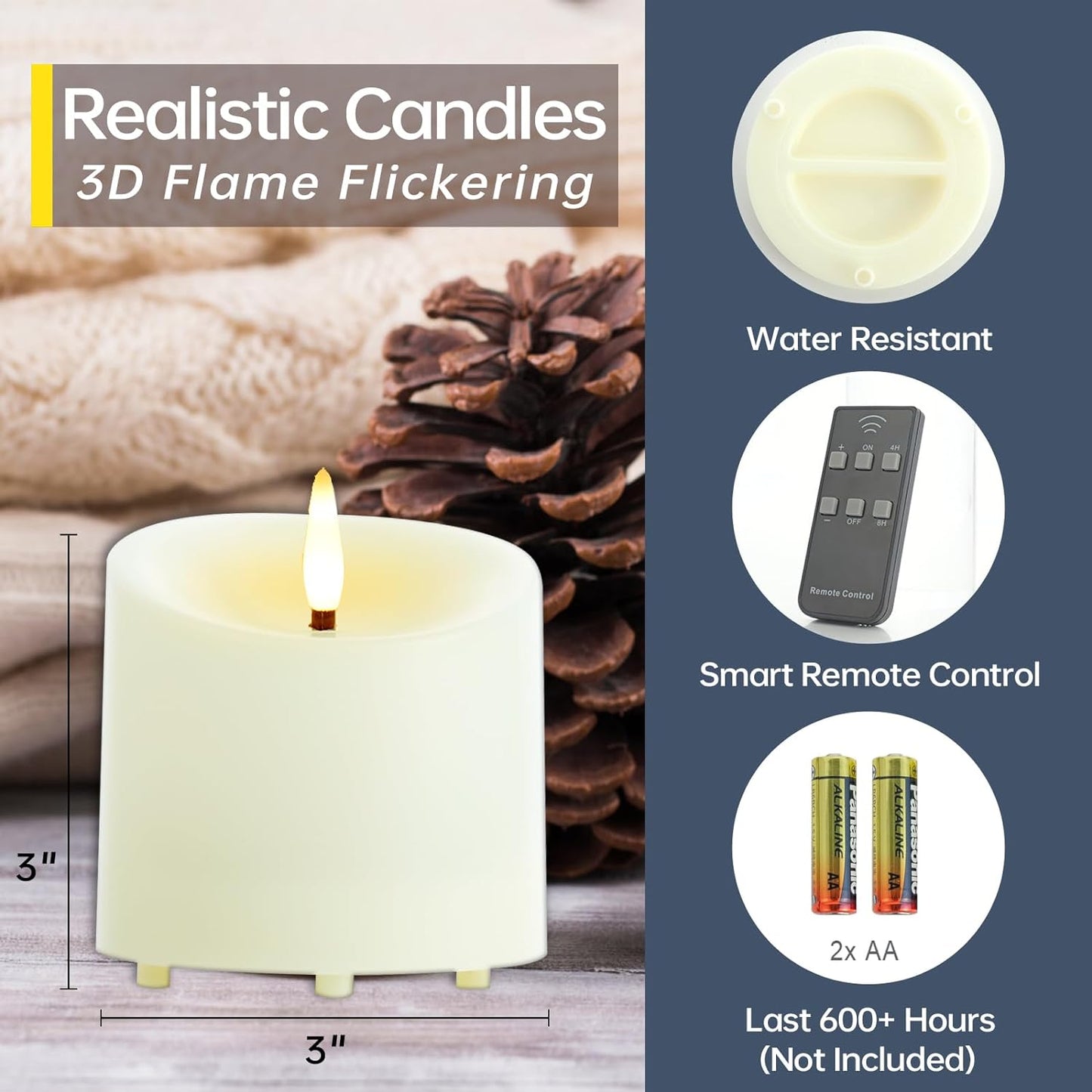 TECHLONG 3"x3" Flickering Flameless Candles Waterproof, Battery Operated Candles with Remote Timer, Last 600 Hours Electric Fake LED Candles for Halloween Christmas Decoration, Ivory White, Set of 6