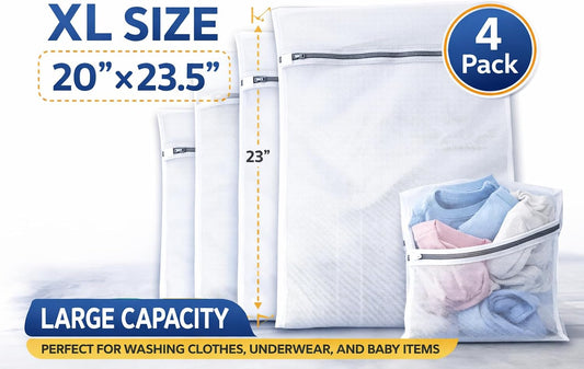 Non-Fluorescent Mesh Laundry Bags 20 x 23.5 in, 4-Pack – Large Zippered Laundry Wash Bags for Clothes, Durable Mesh Bags for Washing Machine