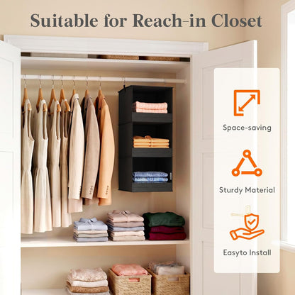 Lifewit 3 Tier Hanging Closet Storage Organizer for Shelves, Front Anti-Slip Clothes Storage Hanger with 2 Sturdy Hooks, Vertical Foldable Sweater Organization for Shlef, Wardrobe, Dorm, RV, Gray