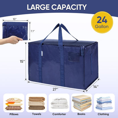 TICONN 4 Pack Extra Large Moving Bags Heavy Duty with Zippers & Carrying Handles, Durable Storage Bags Moving Boxes for Closet Organizers and Storage (4 Pack, Blue)