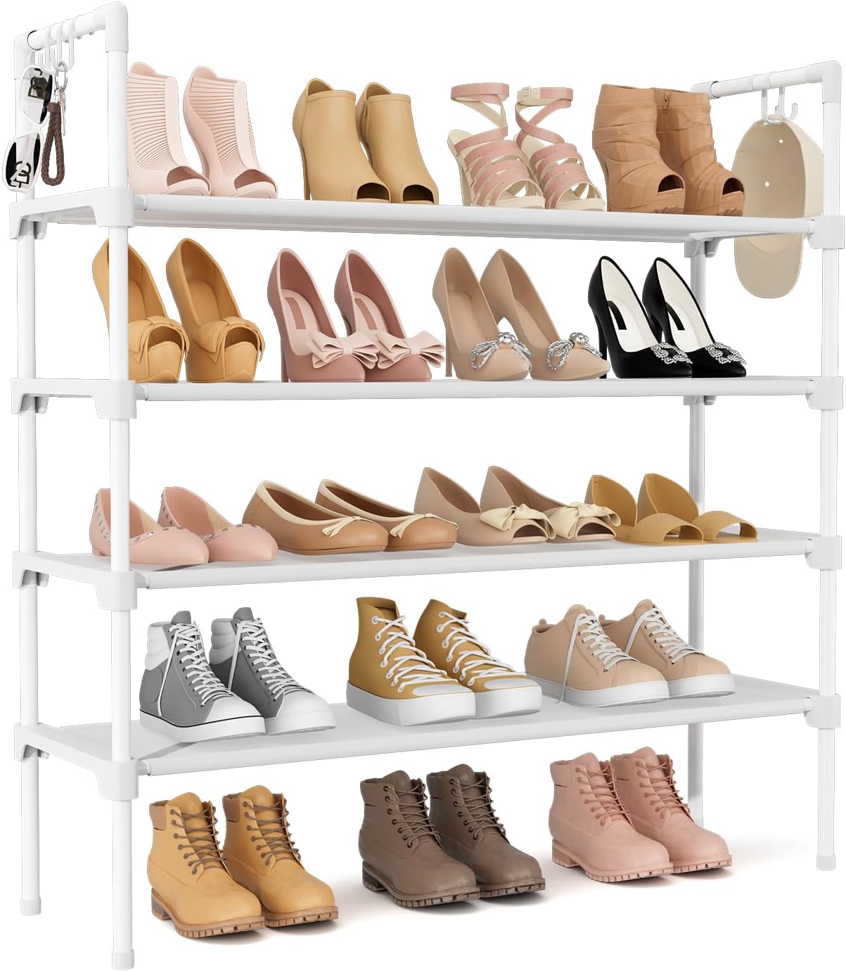 LANTEFUL 3 Tier Shoe Rack for Closet, Shoe Organizer with 5 Hooks, Long Shoe Shelf Storage for Sneaker and Boot Stackable Free Standing Shoe Rack for Entryway, Garage, Small Spaces, Dorm