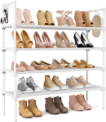 LANTEFUL 3 Tier Shoe Rack for Closet, Shoe Organizer with 5 Hooks, Long Shoe Shelf Storage for Sneaker and Boot Stackable Free Standing Shoe Rack for Entryway, Garage, Small Spaces, Dorm