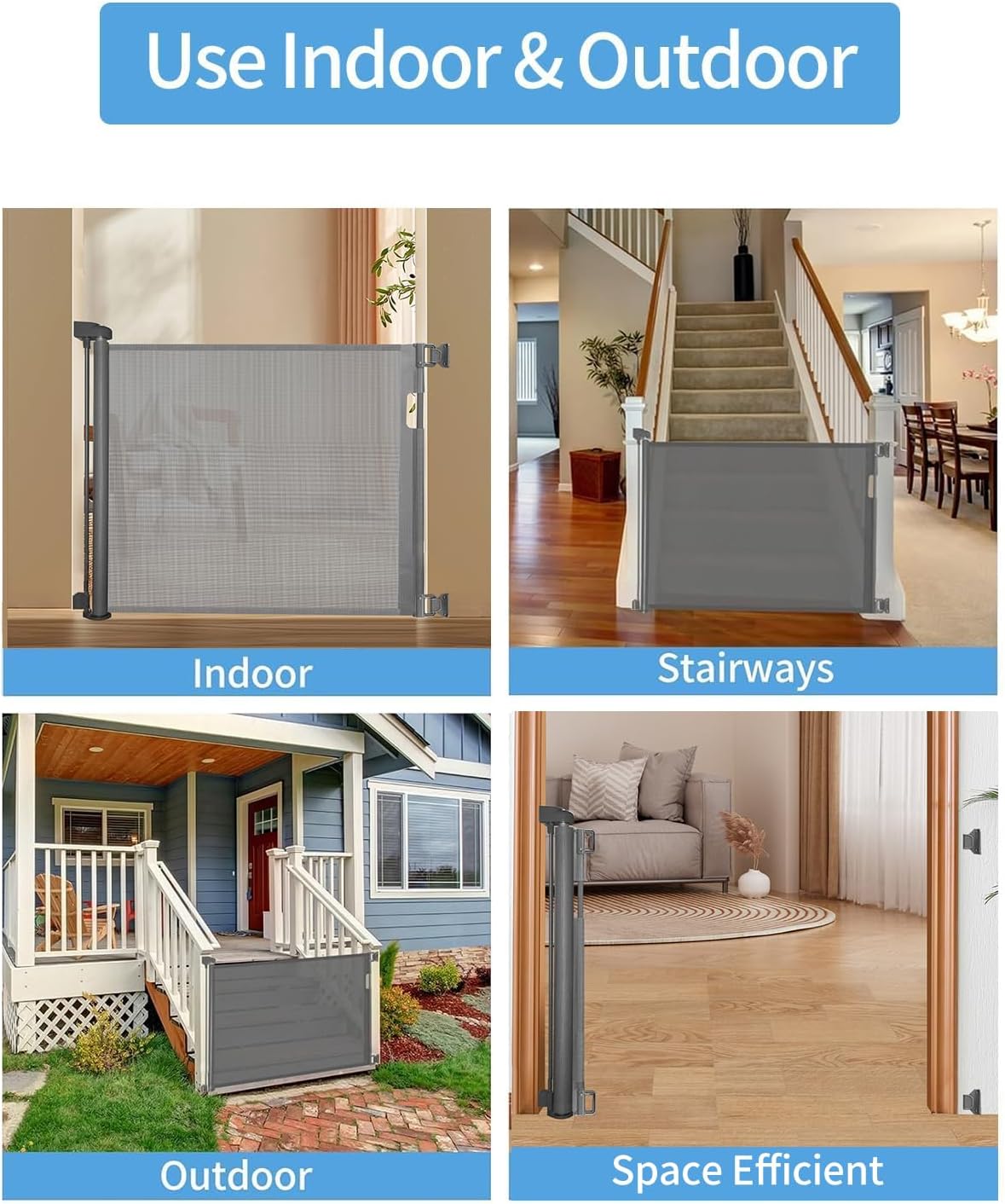 Retractable Baby Gate for Stairs – 33” Height, Expands up to 55” Width – Safety Gate for Infants, Toddlers, Dogs & Pets – Easy Install, Secure Closure, White Mesh Design for Indoor & Outdoor Use