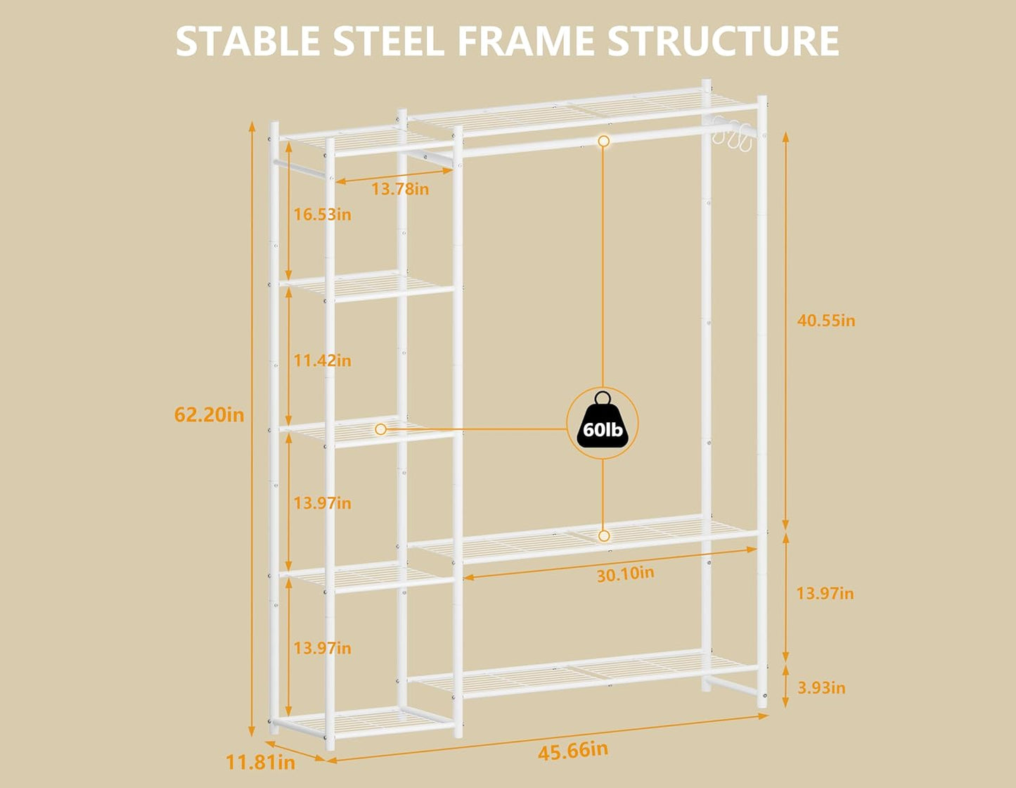 Wardrobe Closet,Portable Clothes Rack with 4 Tiers Shelves,Freestanding Closet Organizers and Storage System with Hanging Rods,Steel Clothing Rack Suitable for Cloakrooms,Bedrooms,Entrances,etc.Black
