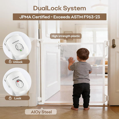 SPACEANY Retractable Safety Baby Gate or Mesh Dog Gate,Durable Portable Mesh Retractable Gate,Easy to Use for Stairs, Doorways, Hallways, Indoor, Outdoor, 33.5" Tall, Up to 45" Wide, Cream