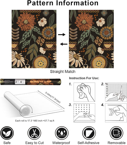 Simon&Siff Boho Peel and Stick Wallpaper, 17.3" x 80" Sun Floral Retro Contact Paper Removable Self Adhesive Wall Paper for Cabinets Furniture Bedroom Nursery Bathroom Renter Friendly DIY Decor