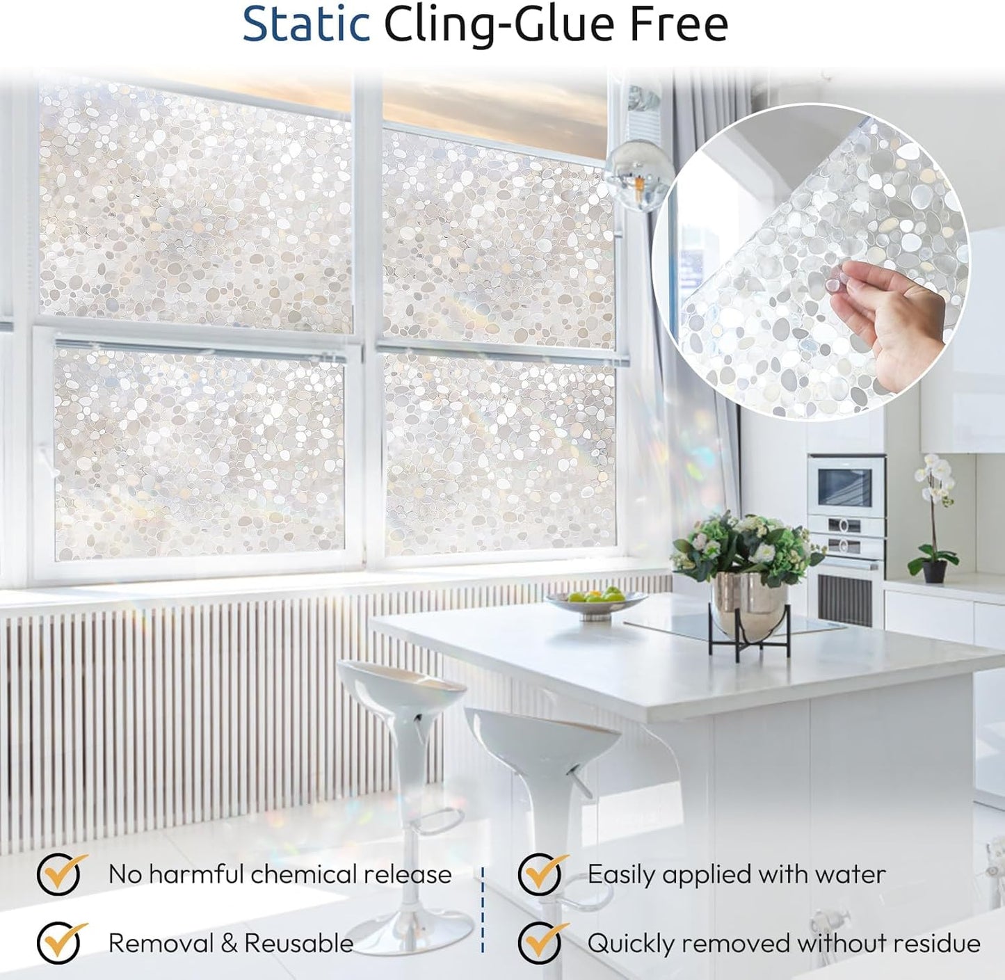 rabbitgoo Window Privacy Film, Frosted Glass Window Clings, Static Cling UV Heat Blocking Door Stickers for Home Bathroom, Removable Indoor Decal Coverings Day and Night, Pure, 17.5 x 78.7 Inches