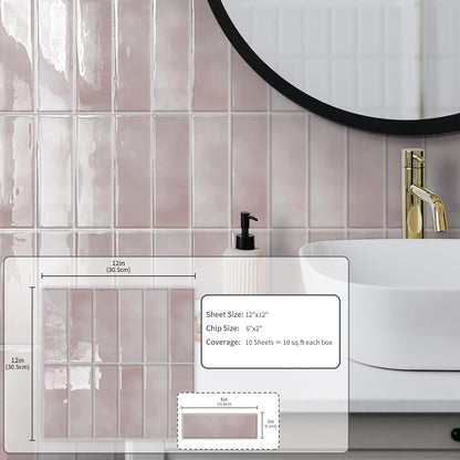 10 Sheet Peel and Stick Kitchen Backsplash Tiles(Pink,12"×12") | 3D Subway Rectangle Waterproof Self-Adhesive Wall Tile Stick on Backsplash for Kitchen,Bathroom and Fireplace