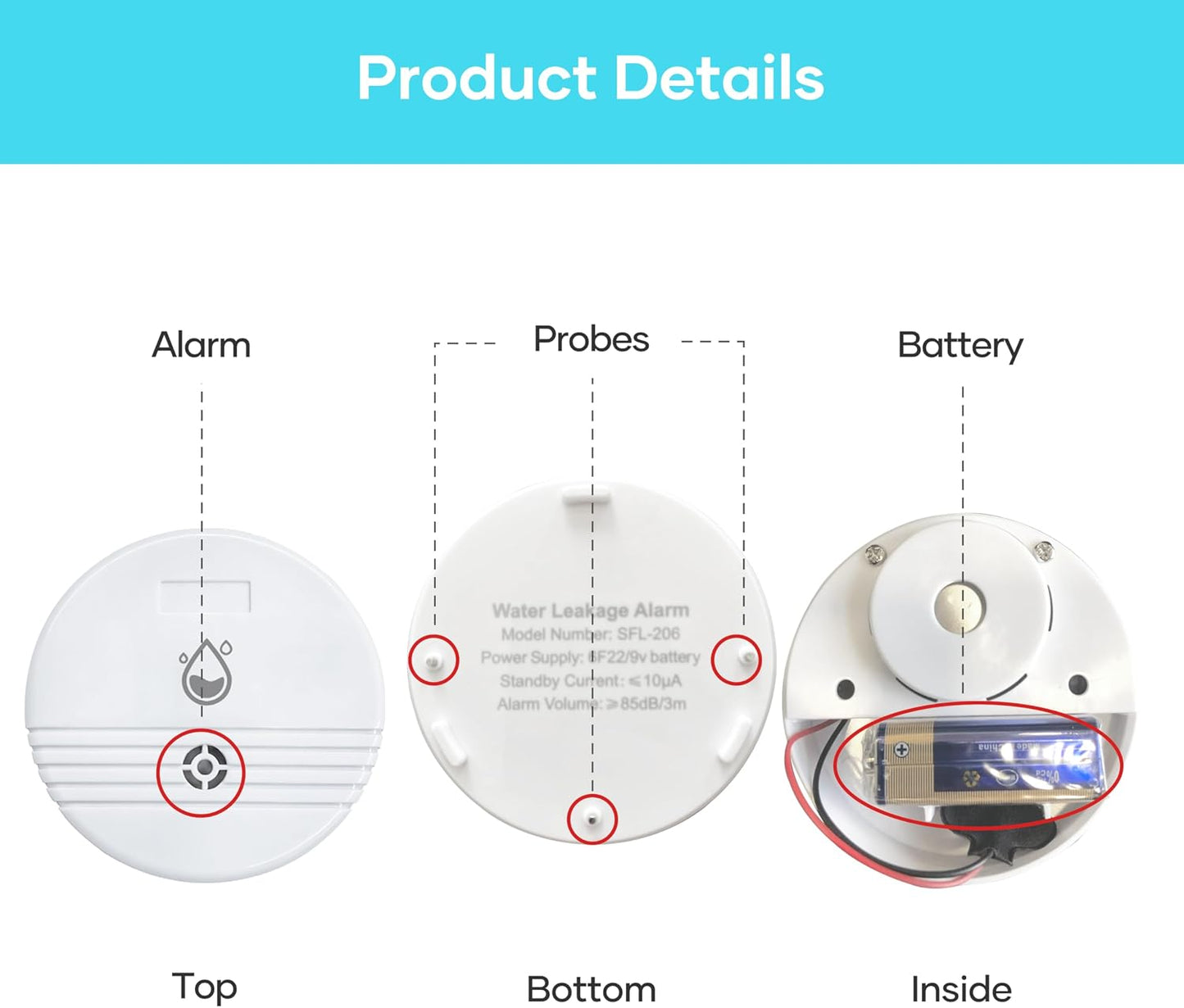 Water Leak Detector 4 Packs, Lound Sound Sensor Alarm, Home Water Flooding Monitor Sink Overflow Monitoring Wet Moisture Alert Pipe Leakage Drip Detection Warning for Basement, Laundry, Bathroom